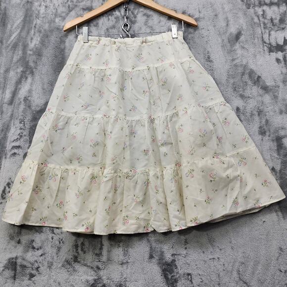 Vintage Homemade Skirt Womens S Cream Pink Blue Floral Tiered A-Line Knee Length - Picture 3 of 8